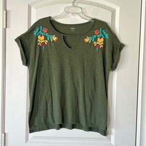Camo green shirt with brightly colored floral embroidery by ANA chest cut out M